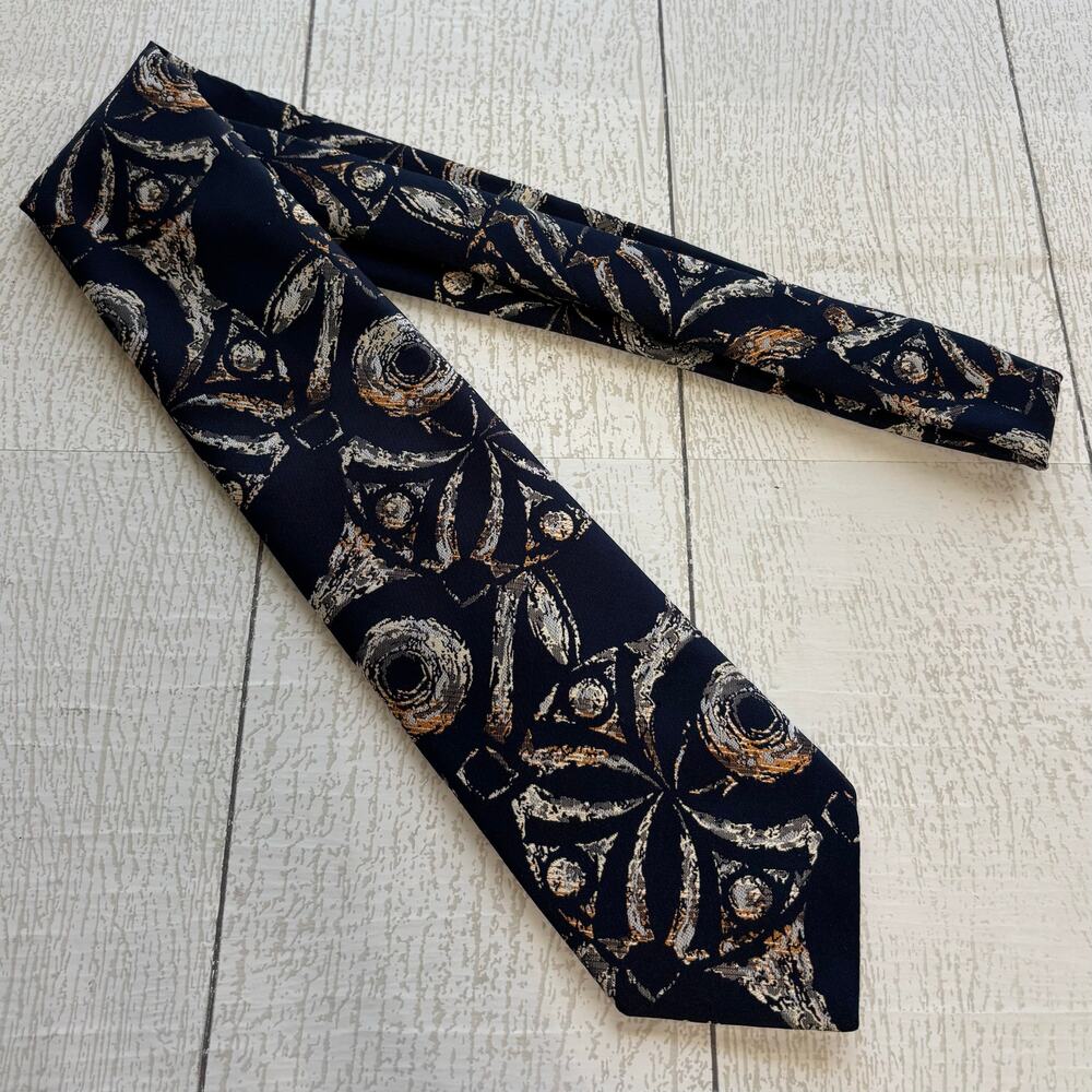 Vintage Leonardo Abstract Tie Black Beige Gold Polyester